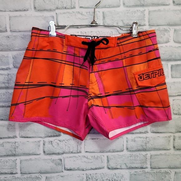 JetPilot Size 5 Bright Neon Color Block Playful Plaid Boardshorts Surf Swim Wake - Picture 1 of 6